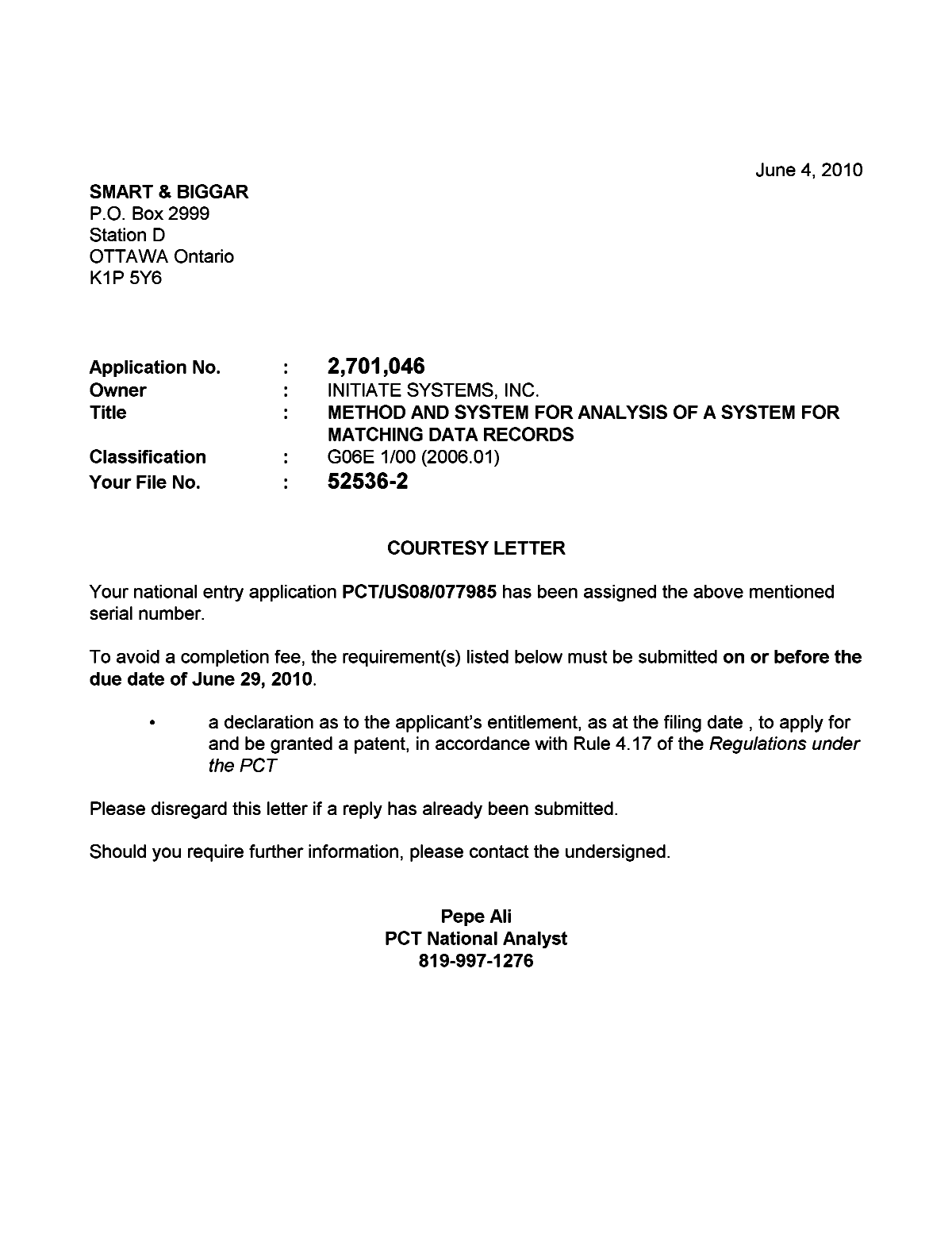 Document de brevet canadien 2701046. Correspondance 20100604. Image 1 de 1