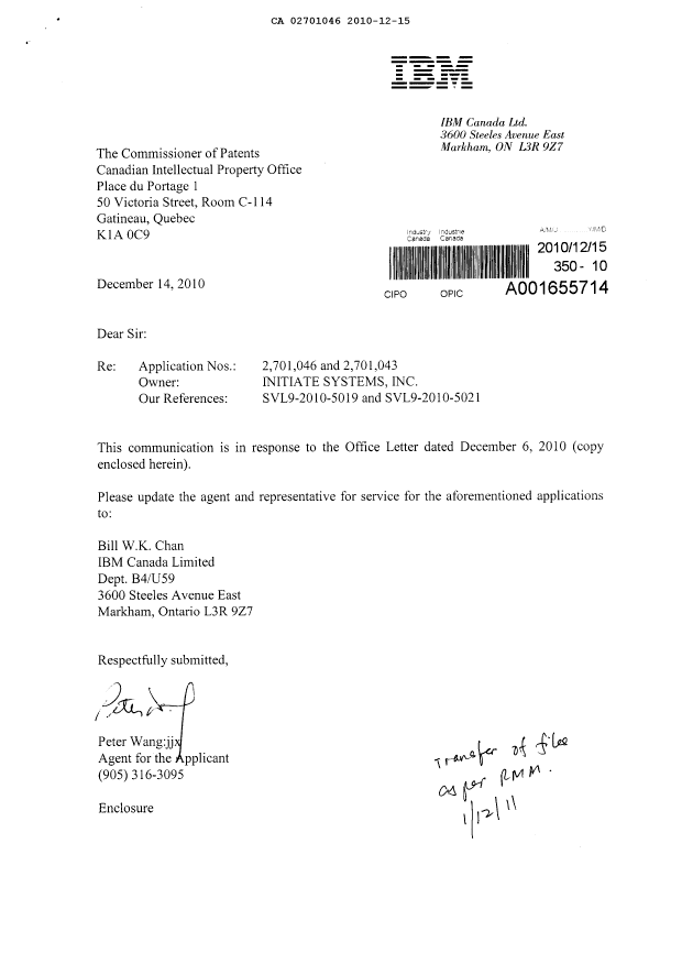 Document de brevet canadien 2701046. Correspondance 20101215. Image 1 de 2