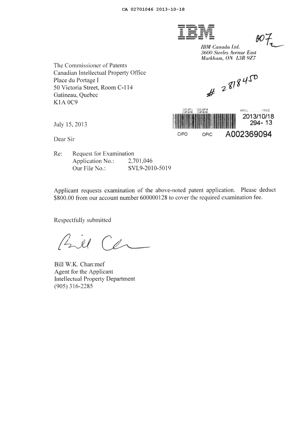 Canadian Patent Document 2701046. Prosecution-Amendment 20131018. Image 1 of 1