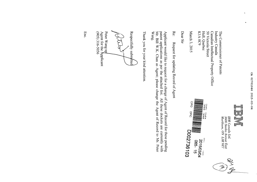 Document de brevet canadien 2701046. Correspondance 20150304. Image 1 de 2