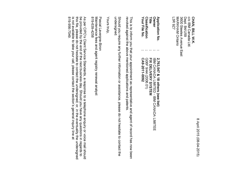 Document de brevet canadien 2701046. Correspondance 20150408. Image 1 de 2
