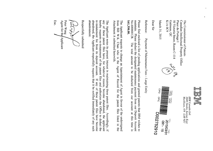 Document de brevet canadien 2701046. Correspondance 20150409. Image 1 de 2