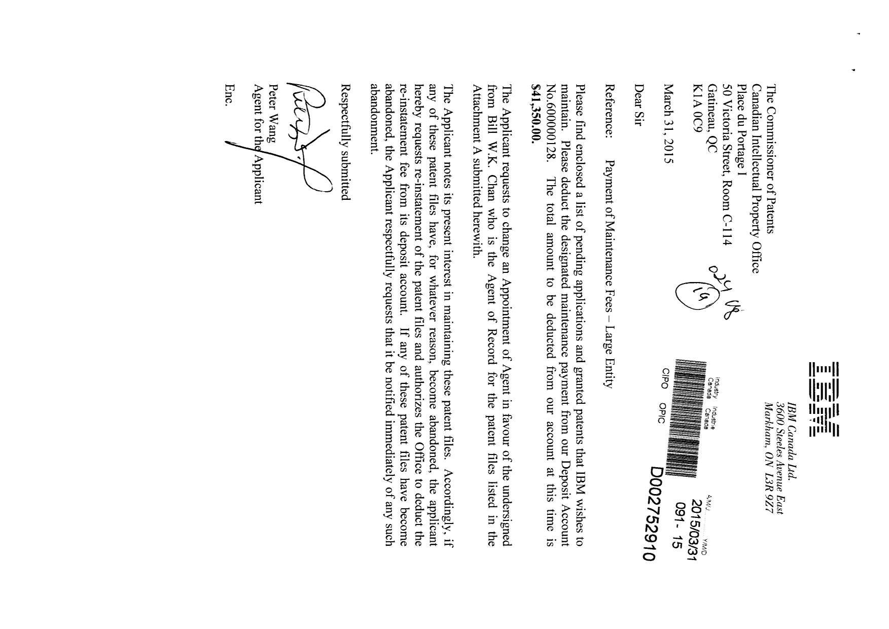 Canadian Patent Document 2701046. Correspondence 20150409. Image 1 of 2
