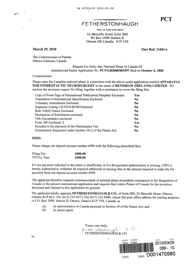 Document de brevet canadien 2701132. Cession 20100329. Image 1 de 1