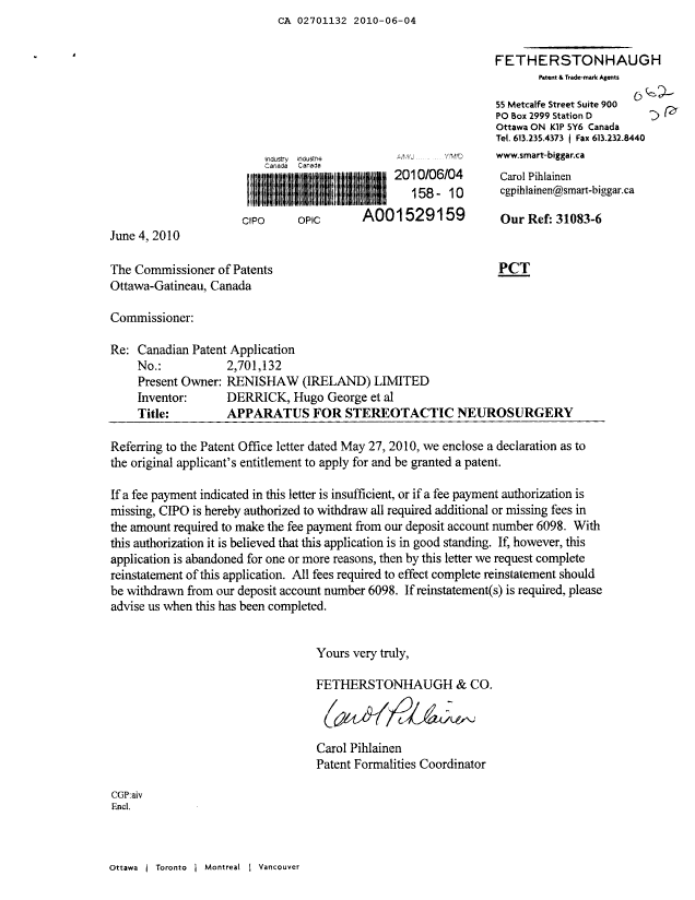 Document de brevet canadien 2701132. Correspondance 20100604. Image 1 de 3