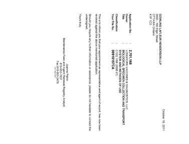 Canadian Patent Document 2701168. Correspondence 20111018. Image 1 of 1