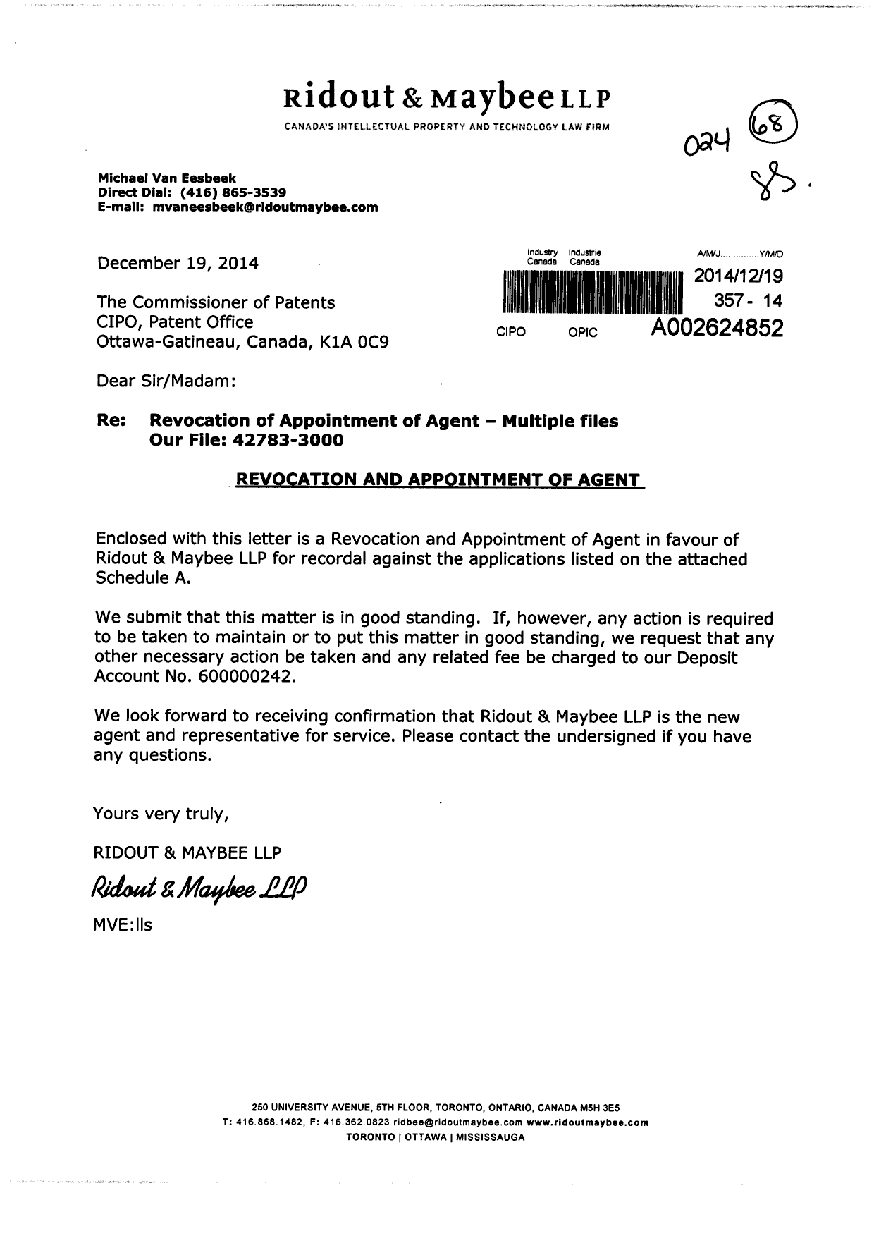 Document de brevet canadien 2701423. Correspondance 20141219. Image 1 de 5