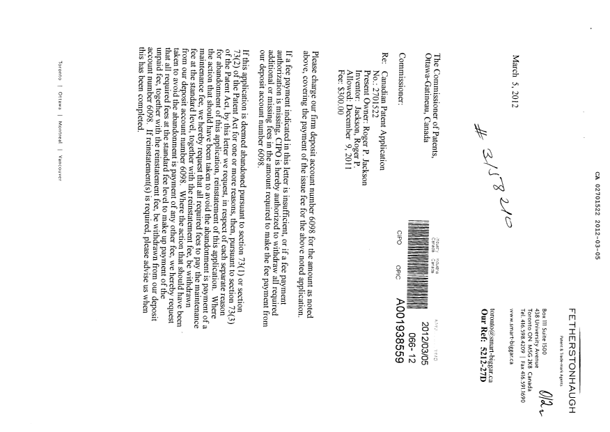 Document de brevet canadien 2701522. Correspondance 20120305. Image 1 de 2