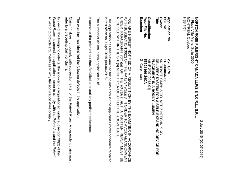 Document de brevet canadien 2701576. Demande d'examen 20150702. Image 1 de 3