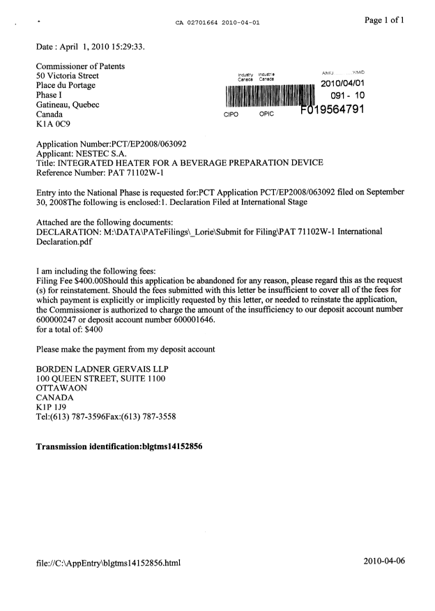Canadian Patent Document 2701664. Assignment 20100401. Image 1 of 4