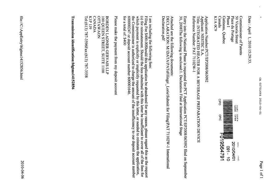 Document de brevet canadien 2701664. Cession 20100401. Image 1 de 4
