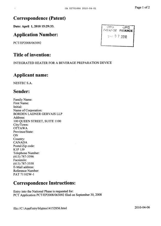 Document de brevet canadien 2701664. Cession 20100401. Image 2 de 6