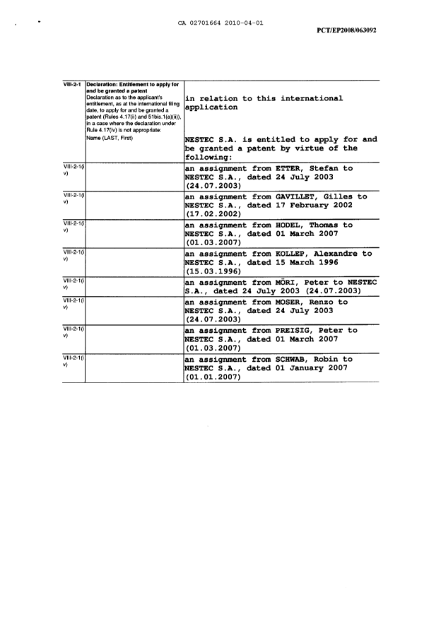 Document de brevet canadien 2701664. Cession 20100401. Image 6 de 6