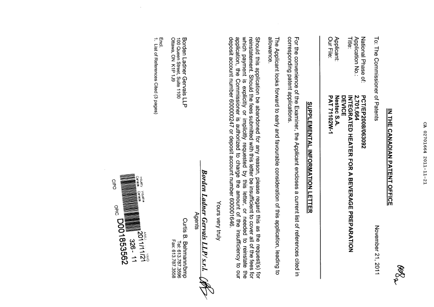 Document de brevet canadien 2701664. Poursuite-Amendment 20111121. Image 1 de 1
