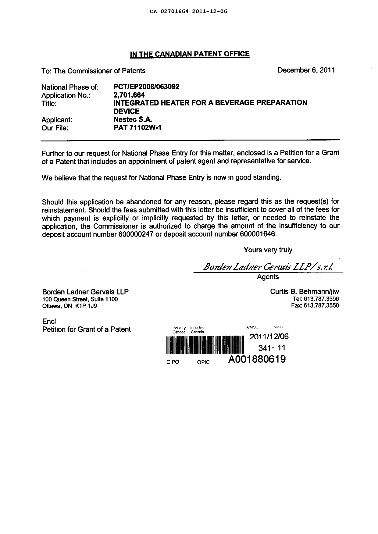 Document de brevet canadien 2701664. Correspondance 20111206. Image 1 de 3