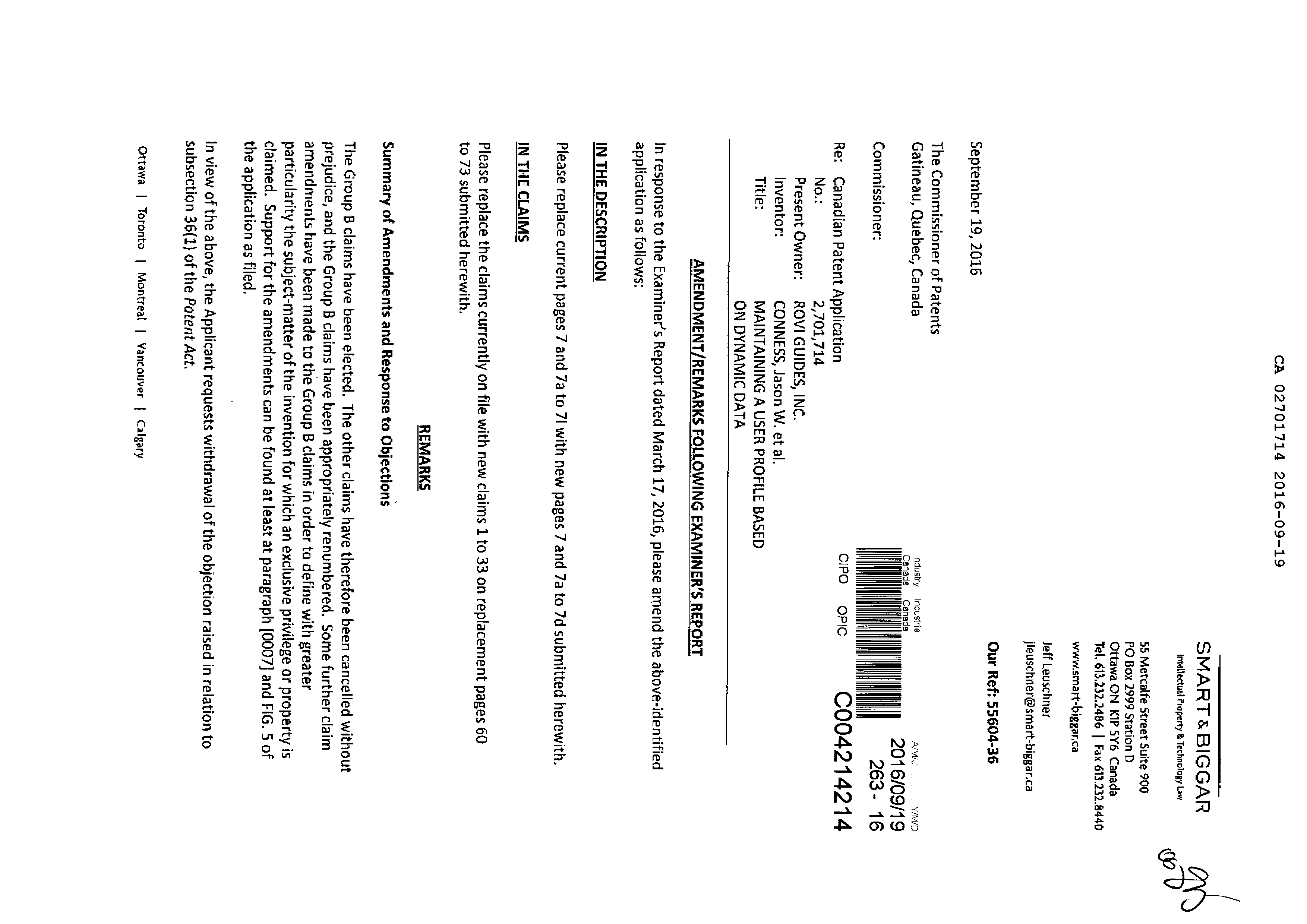 Canadian Patent Document 2701714. Amendment 20160919. Image 1 of 22