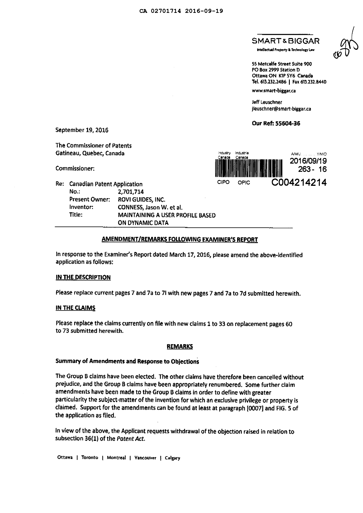 Canadian Patent Document 2701714. Amendment 20160919. Image 1 of 22