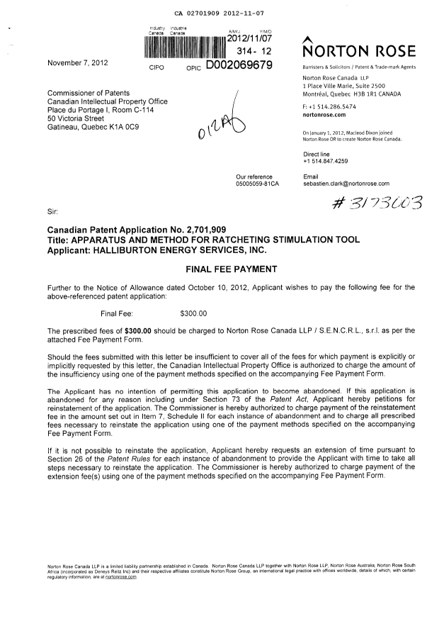 Document de brevet canadien 2701909. Correspondance 20121107. Image 1 de 2