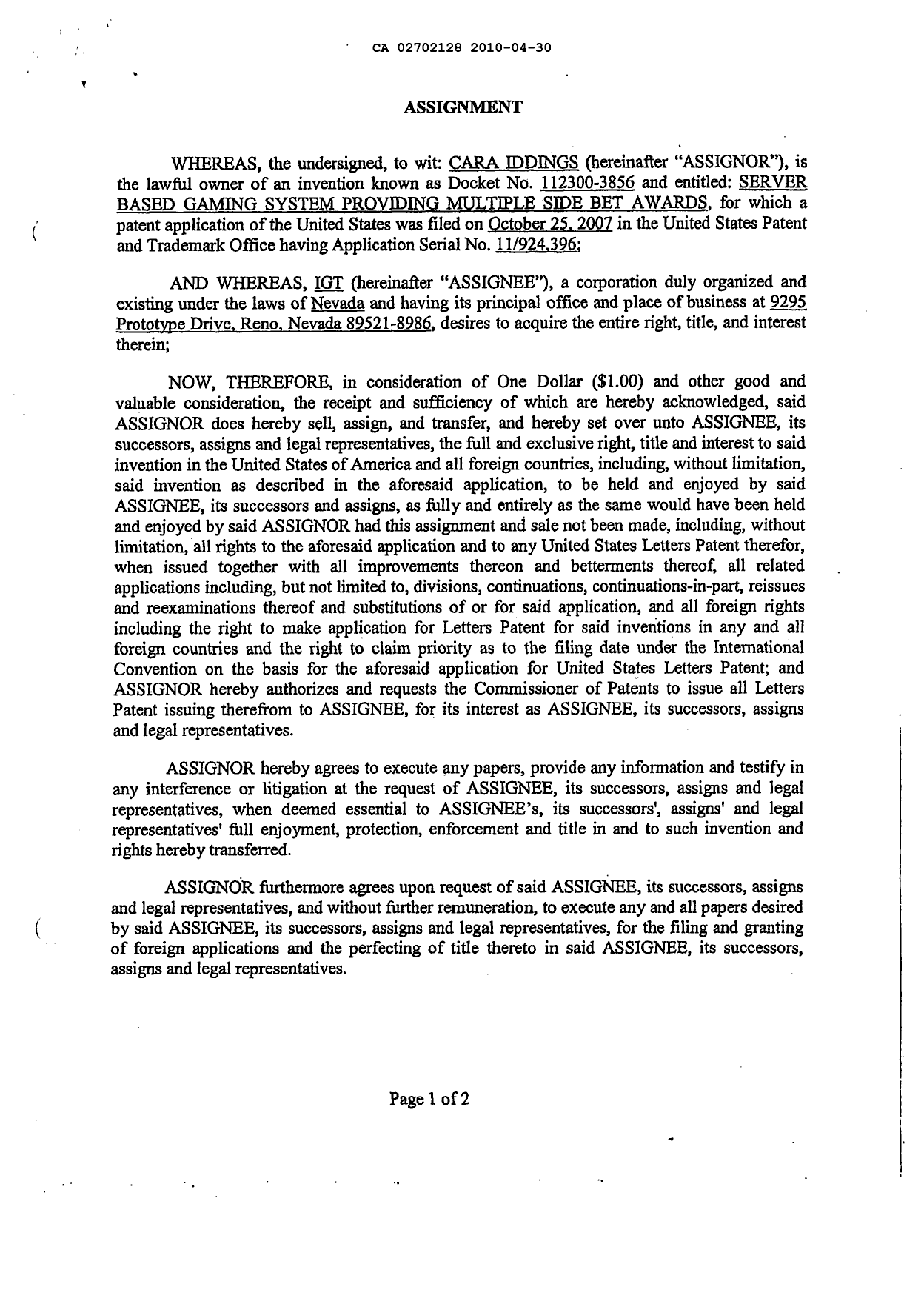 Document de brevet canadien 2702128. Cession 20100430. Image 2 de 3
