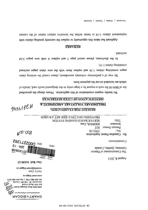 Document de brevet canadien 2702128. Poursuite-Amendment 20130808. Image 1 de 14