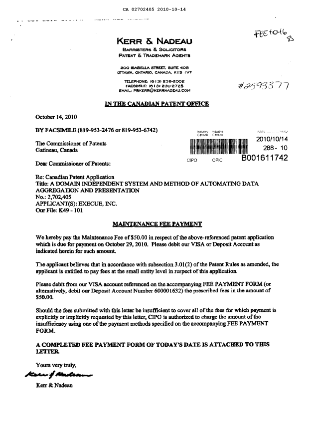 Canadian Patent Document 2702405. Fees 20101014. Image 1 of 1