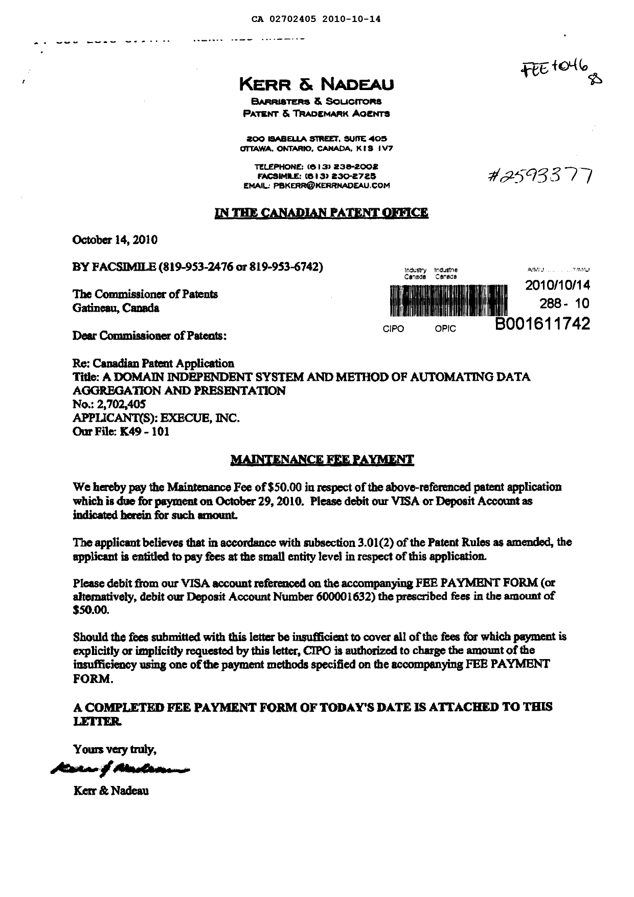 Document de brevet canadien 2702405. Taxes 20101014. Image 1 de 1