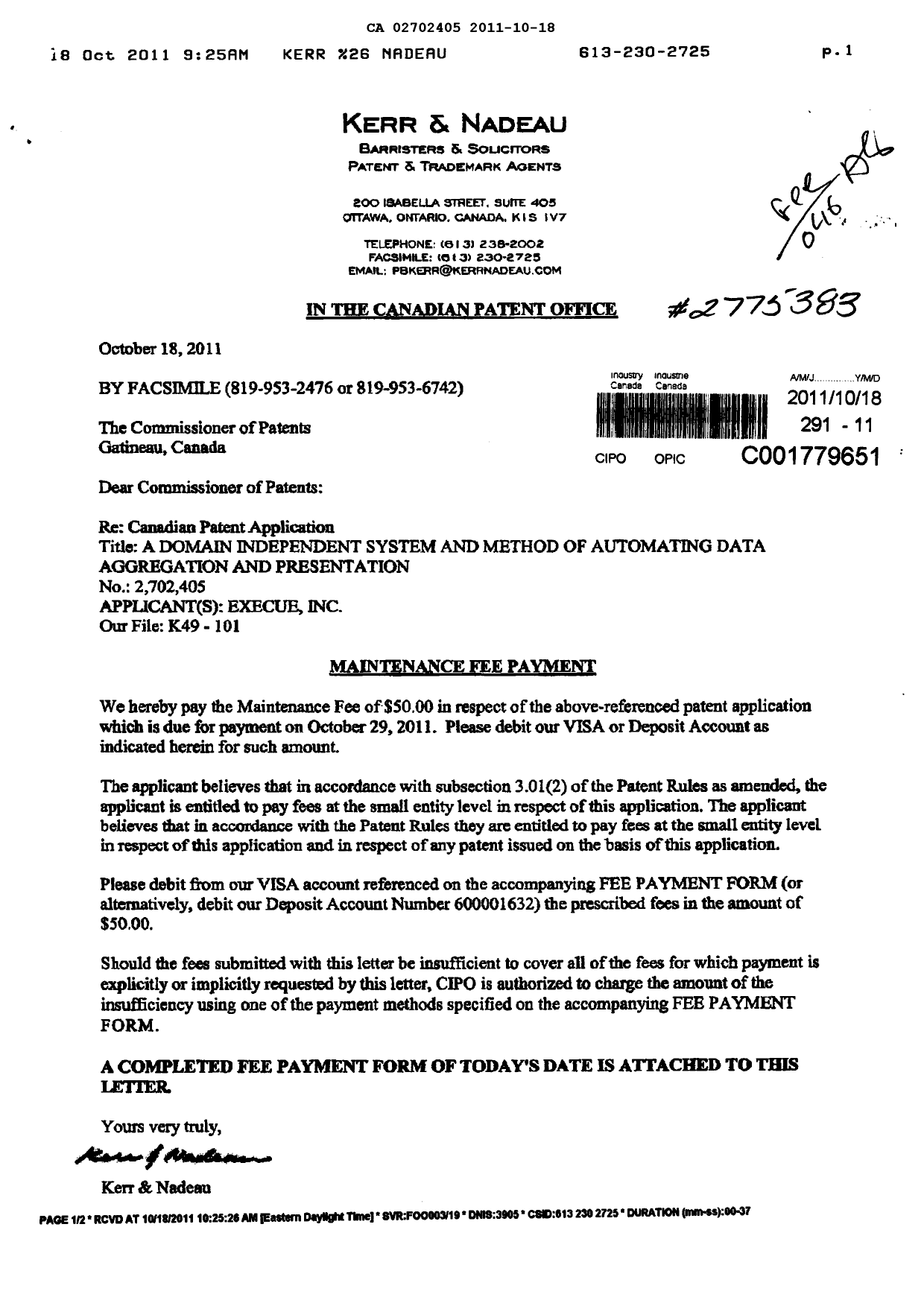 Document de brevet canadien 2702405. Correspondance 20111018. Image 1 de 1