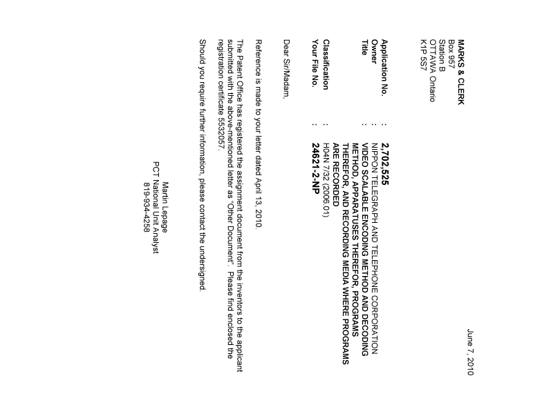 Canadian Patent Document 2702525. Correspondence 20100607. Image 1 of 1