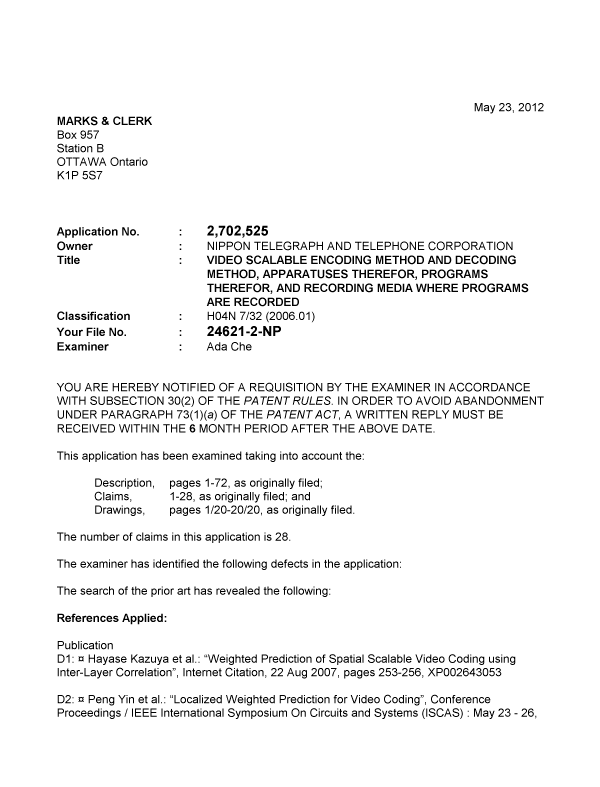 Document de brevet canadien 2702525. Poursuite-Amendment 20120523. Image 1 de 4