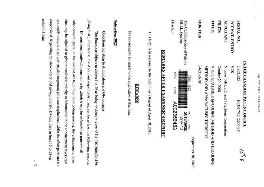 Canadian Patent Document 2702525. Prosecution-Amendment 20130930. Image 1 of 7