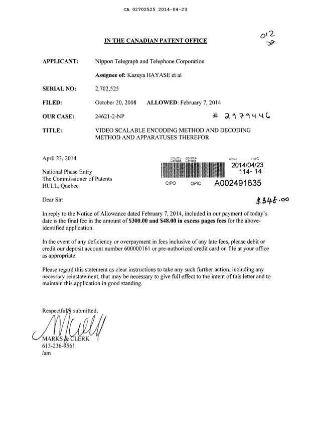 Document de brevet canadien 2702525. Correspondance 20140423. Image 1 de 1