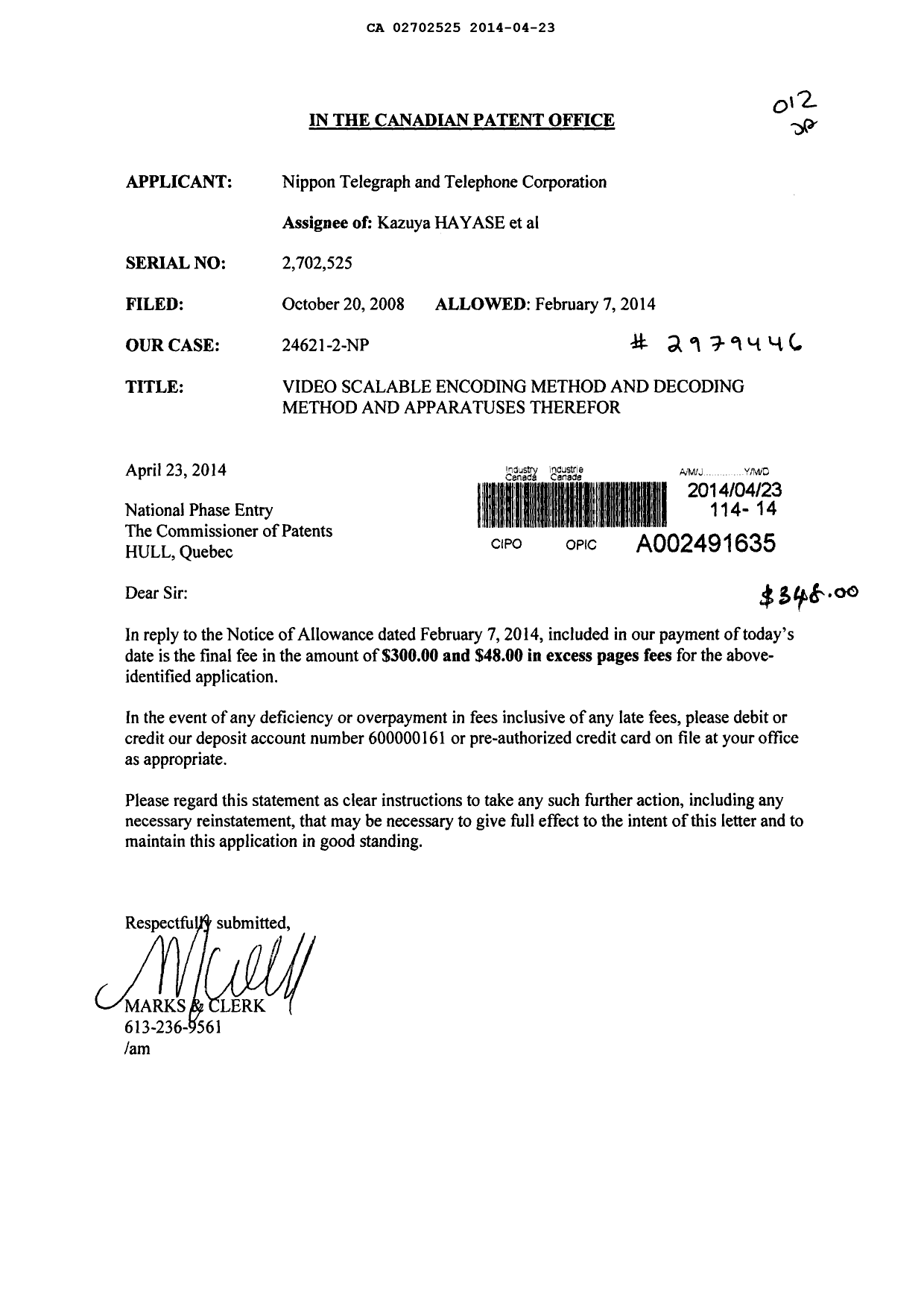 Canadian Patent Document 2702525. Correspondence 20140423. Image 1 of 1