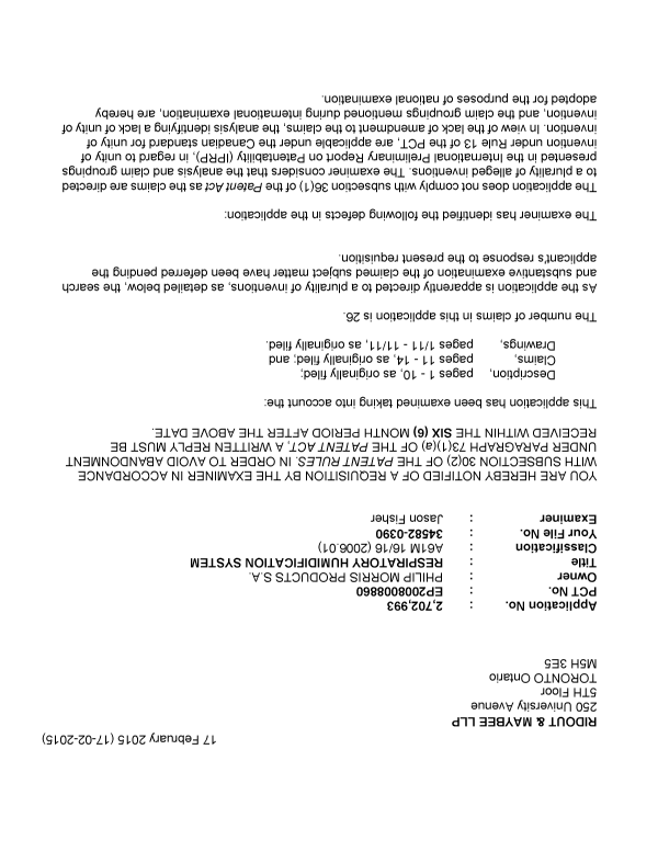 Canadian Patent Document 2702993. Prosecution-Amendment 20150217. Image 1 of 4