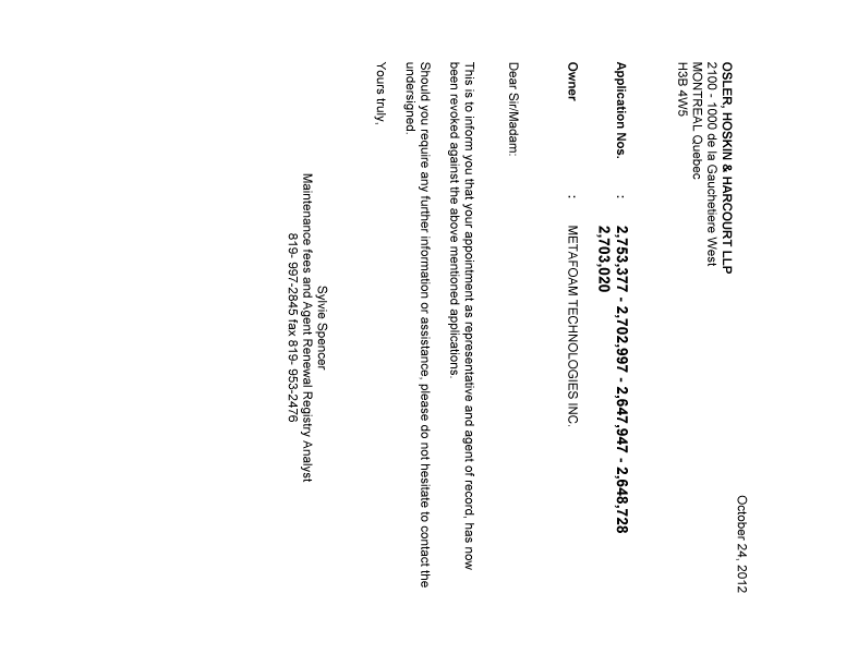 Document de brevet canadien 2702997. Correspondance 20121024. Image 1 de 1
