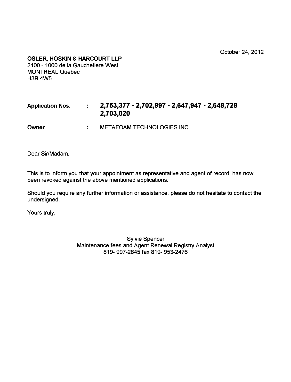 Document de brevet canadien 2702997. Correspondance 20121024. Image 1 de 1