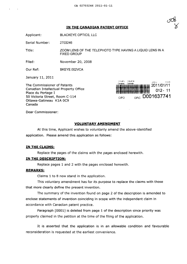 Canadian Patent Document 2703246. Prosecution-Amendment 20110111. Image 1 of 6
