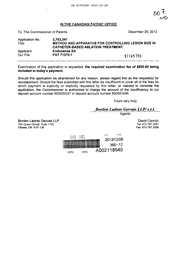 Document de brevet canadien 2703347. Poursuite-Amendment 20121228. Image 1 de 1