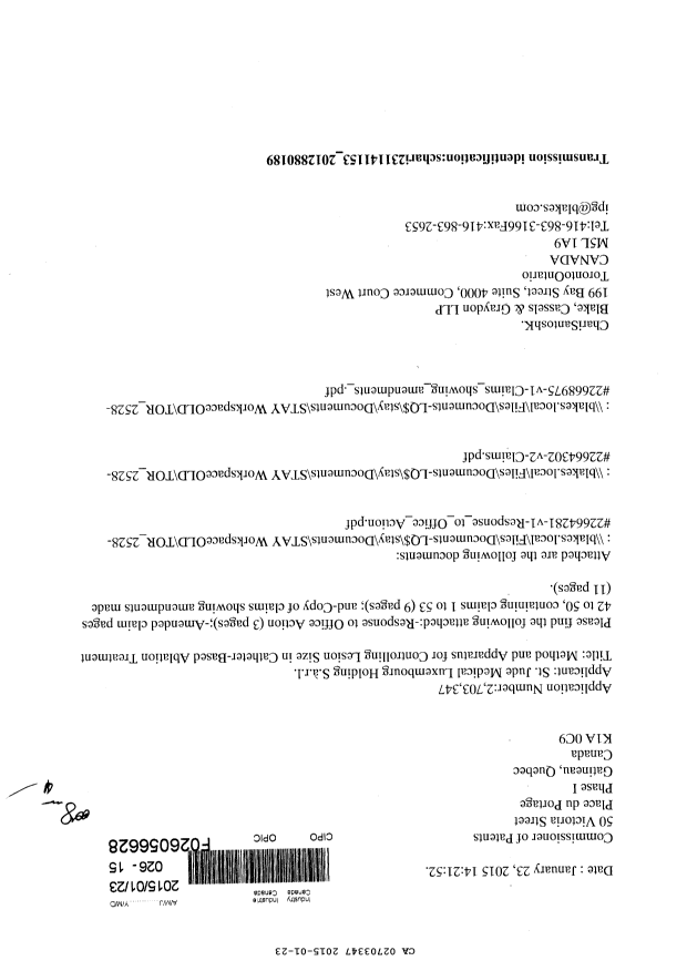 Canadian Patent Document 2703347. Prosecution-Amendment 20150123. Image 1 of 24