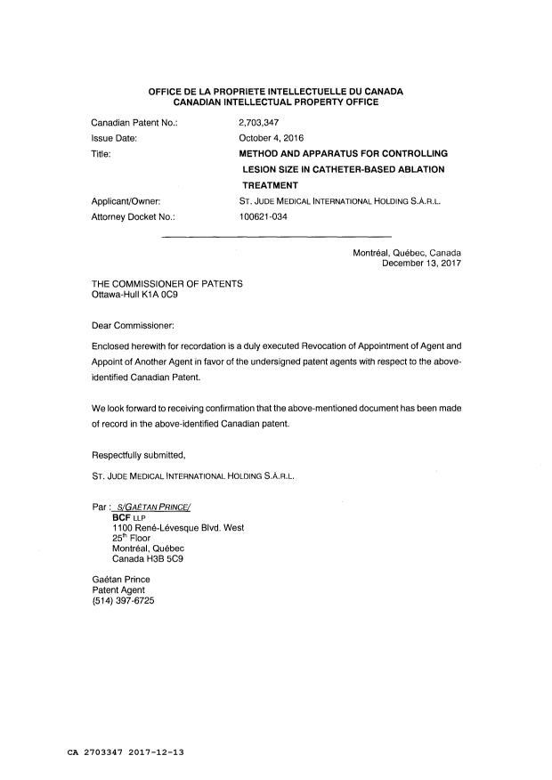 Document de brevet canadien 2703347. Changement de nomination d'agent 20171213. Image 2 de 3
