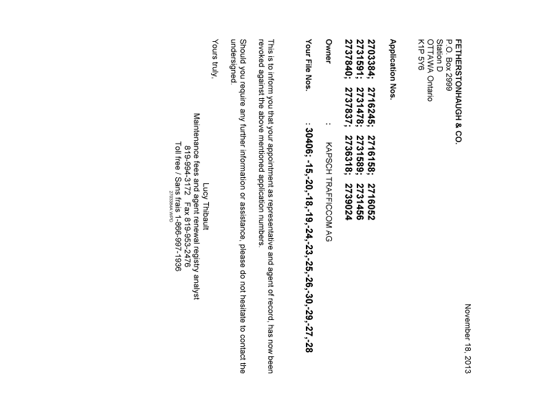 Document de brevet canadien 2703384. Correspondance 20131118. Image 1 de 1