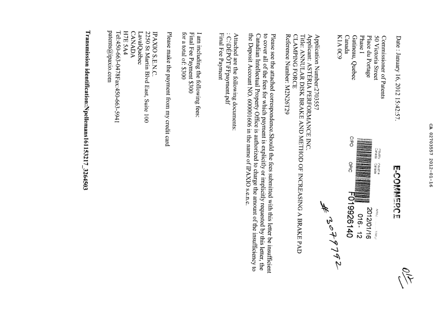 Document de brevet canadien 2703557. Correspondance 20120116. Image 1 de 3