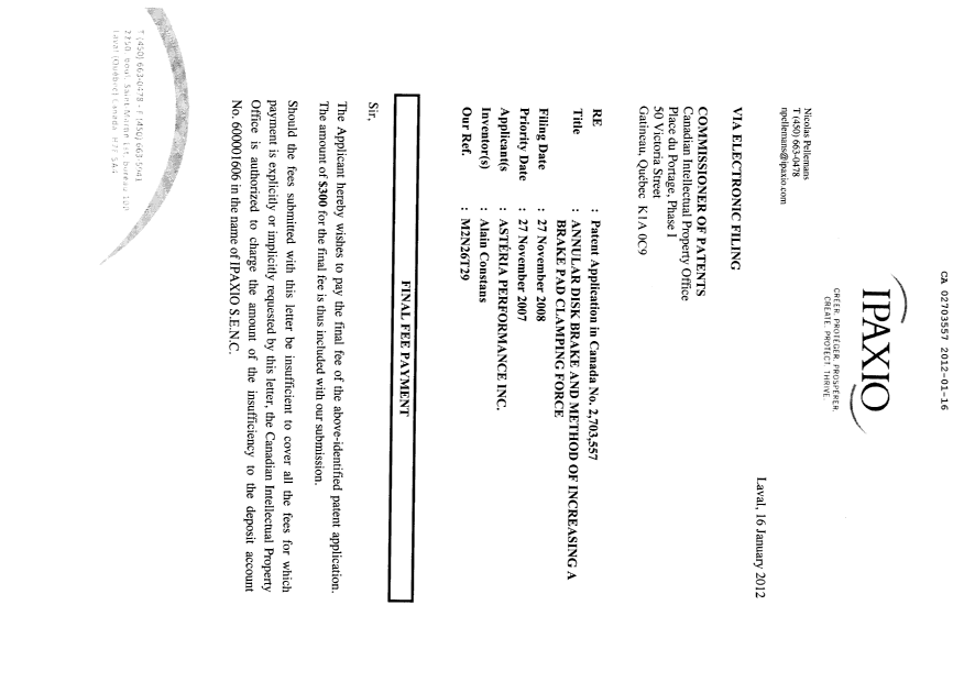 Canadian Patent Document 2703557. Correspondence 20120116. Image 2 of 3