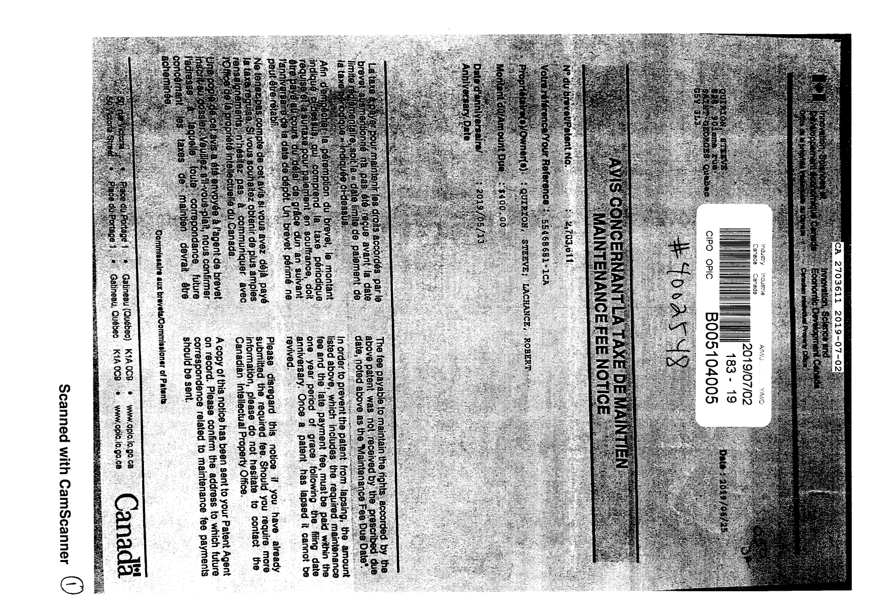 Document de brevet canadien 2703611. Taxes 20181202. Image 1 de 1