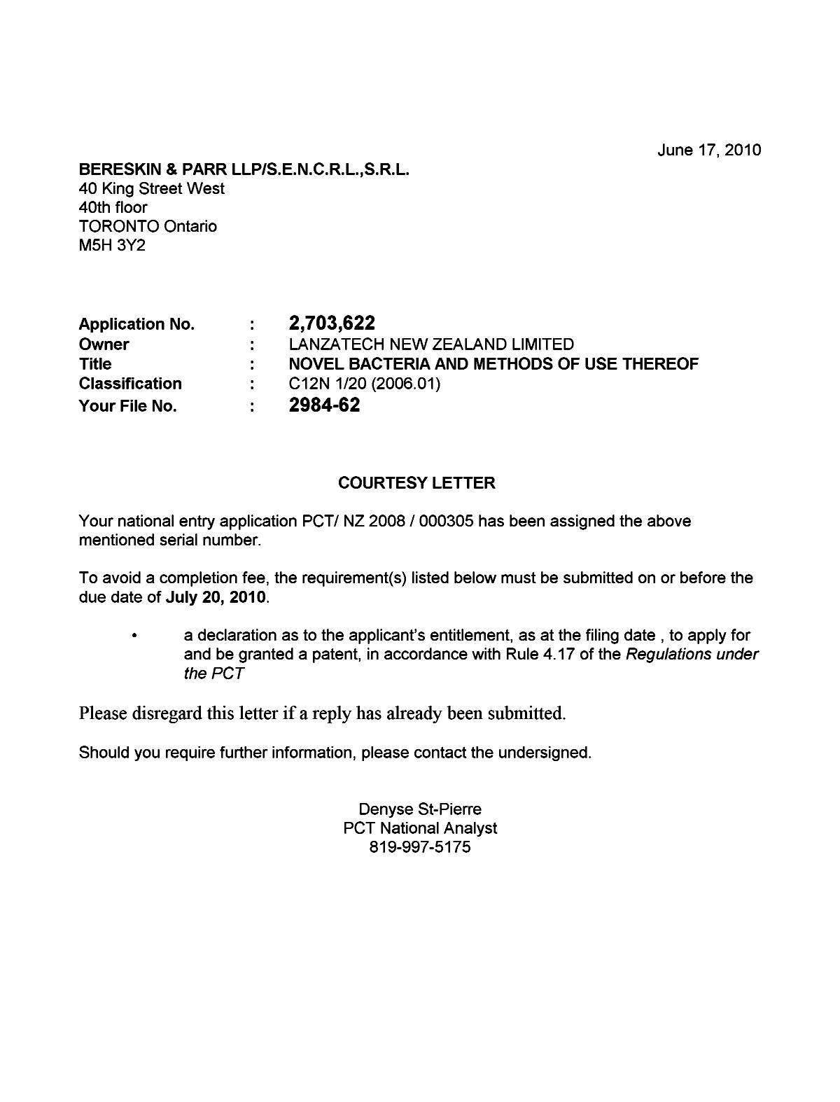 Document de brevet canadien 2703622. Correspondance 20100617. Image 1 de 1