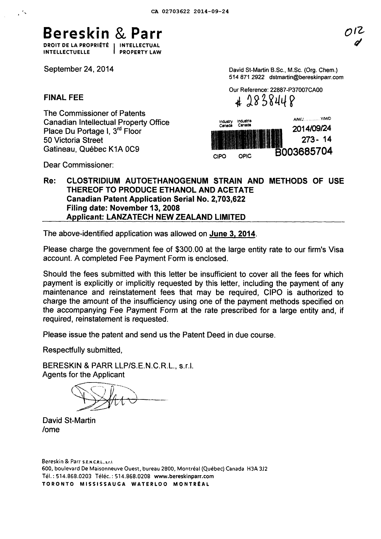 Document de brevet canadien 2703622. Correspondance 20131224. Image 1 de 1