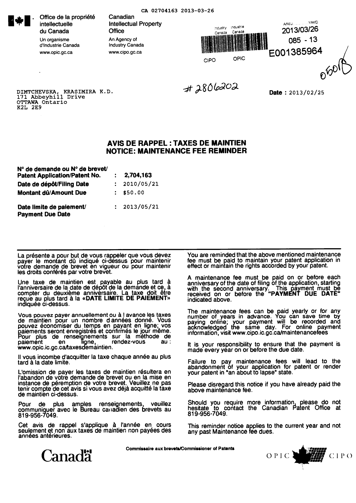Canadian Patent Document 2704163. Fees 20121226. Image 1 of 1