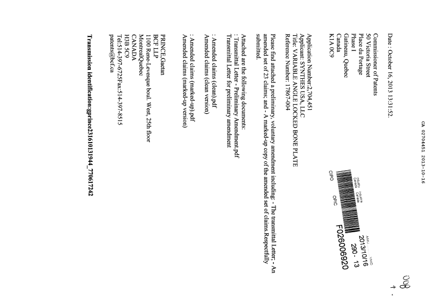Document de brevet canadien 2704451. Poursuite-Amendment 20131016. Image 1 de 14