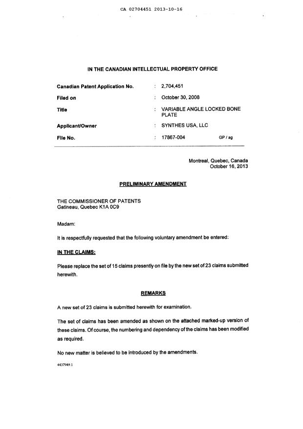 Document de brevet canadien 2704451. Poursuite-Amendment 20131016. Image 2 de 14