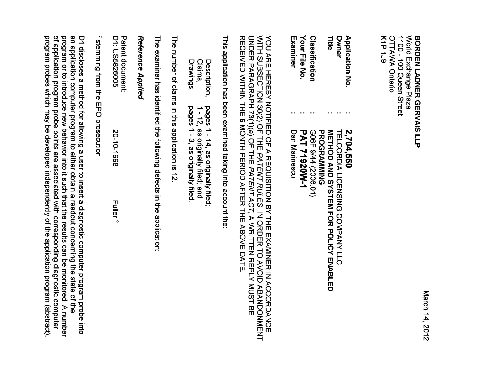 Canadian Patent Document 2704550. Prosecution-Amendment 20120314. Image 1 of 3