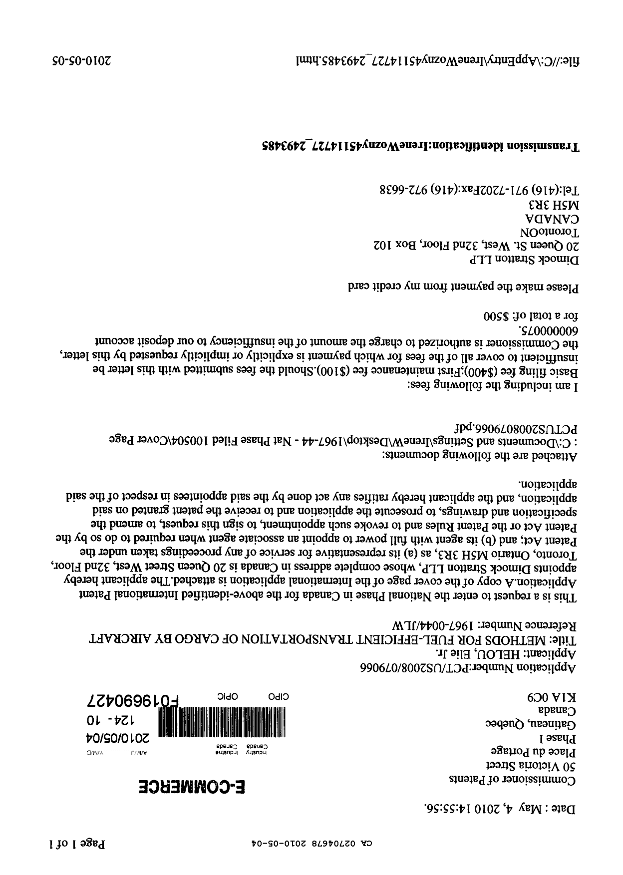Canadian Patent Document 2704678. Assignment 20091204. Image 1 of 3